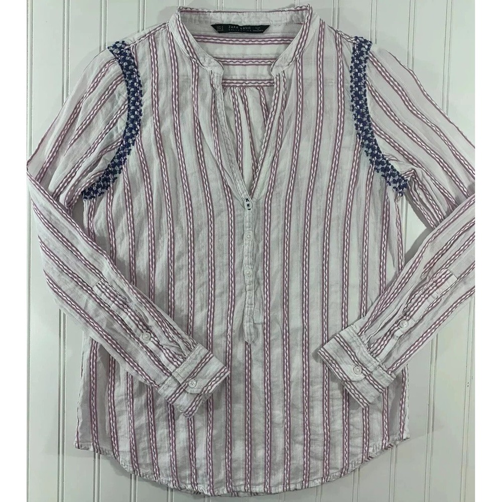 Zara Basic Blouse Womens Small White Pink Striped Embroidered Boho Peasant Top